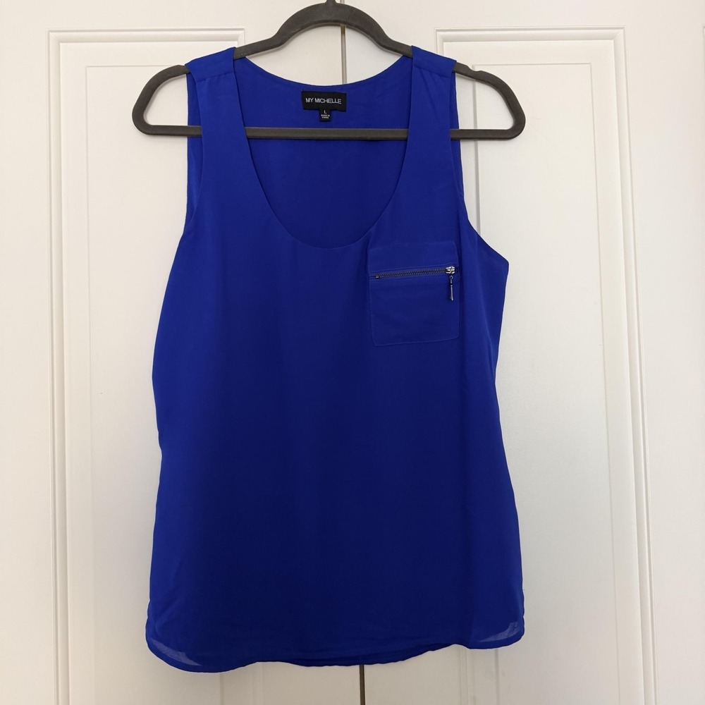 My Michelle Tank Top Womens L Blue Chiffon Zip Pocket Side Zip Tunic Blouse